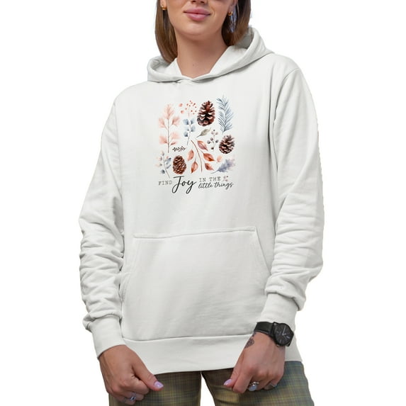 Find Joy in the Little Things with Winter Season Leaves Art Merch Gift, White Hooded Sweatshirt or Hoodie, Small