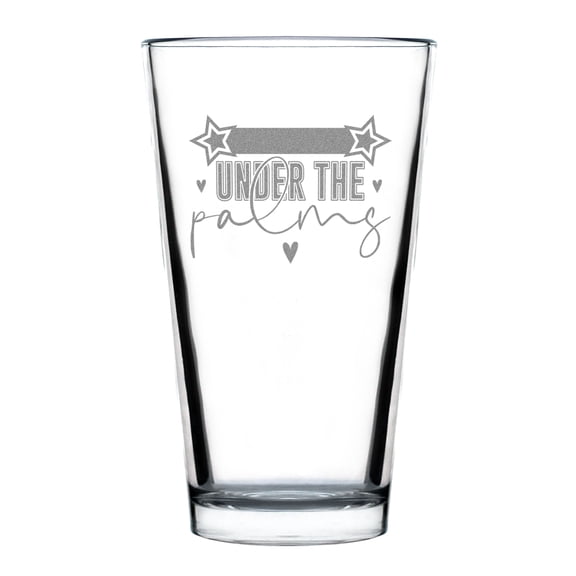 Find Me Under The Palms Pint Glass, Hand Engraved 16oz Standard Glass, Etched Design Drinkware, Beach Theme Glassware