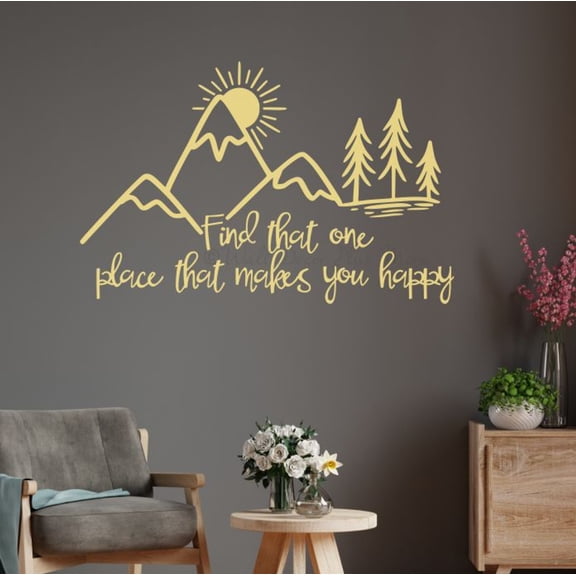 Find That One Place Makes You Happy Mountains Wall Decals Quotes Motivational - Inspirational Decals - Vinyl Lettering Decor - Quotes for Wall - Die-Cut Vinyl Wall Art Sticker, 36x23-Inch, Buttercream