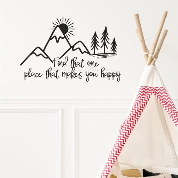 Find That One Place Makes You Happy Mountains Wall Decals Quotes Motivational - Inspirational Vinyl Decals - Vinyl Lettering Decor - Quotes for Wall - Die-Cut Vinyl Wall Art Sticker, 23x15-Inch, Black