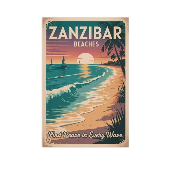 Find Peace in Every Wave Zanzibar Beaches Retro Travel Poster Vintage Inspirational Wall Art Print for Living Room Bedroom Meditation Space Print Poster