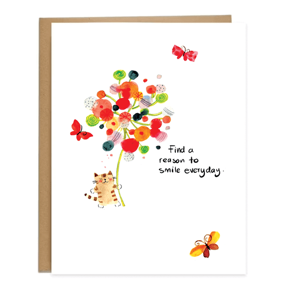 Find a Reason to Smile Everyday Card – Bright Floral Design with Cute Kitten – Blank Inside, Envelope Included – Perfect for Uplifting Messages and Encouragement