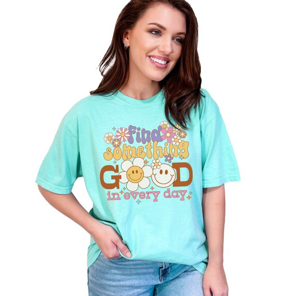 Find Something Good in Every Day, Retro Flowers & Groovy Wavy Text Art, Chalky Mint Comfort Colors T-Shirt, Medium