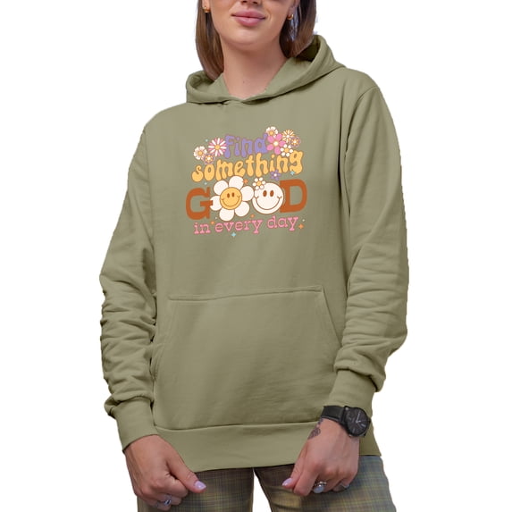 Find Something Good in Every Day, Retro Flowers & Groovy Wavy Text Art Merch Gift, Sand Hooded Sweatshirt or Hoodie, Large