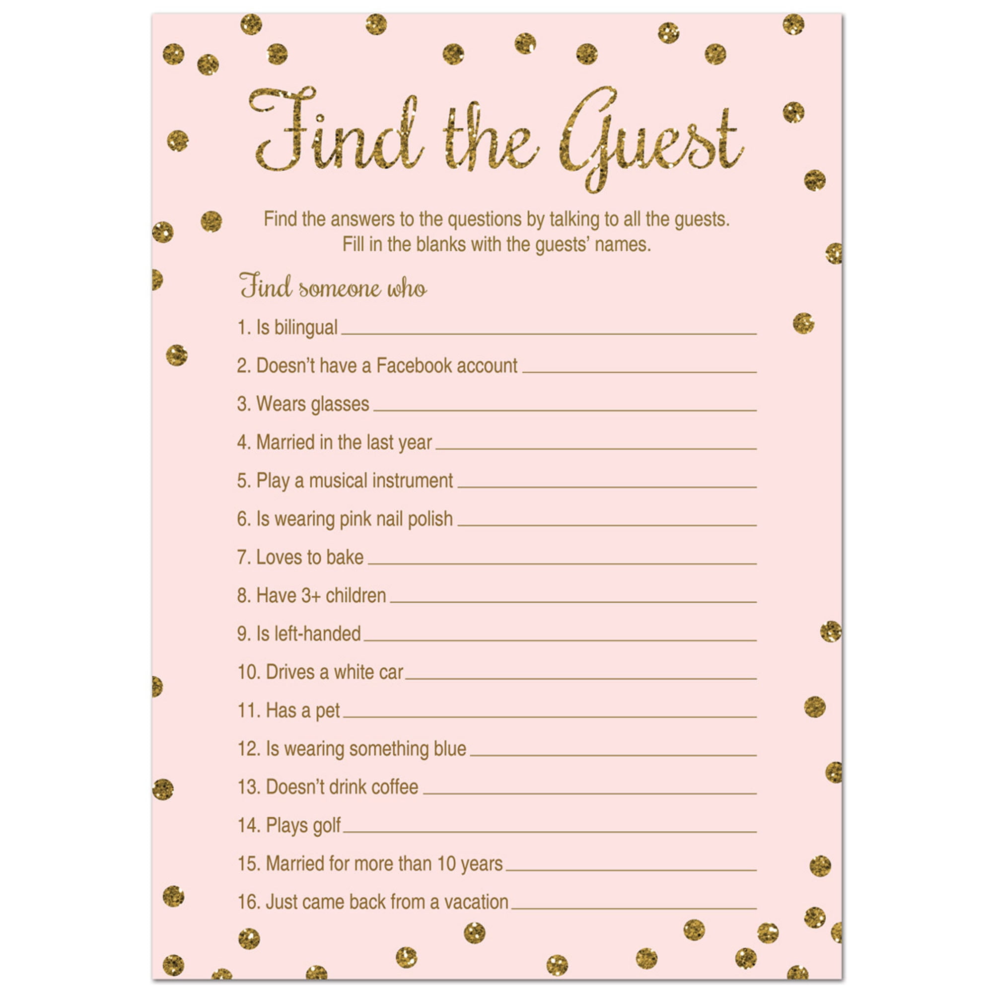 Find The Guest Shower Game - Faux Gold Glitter on Pink - 24 Cards ...