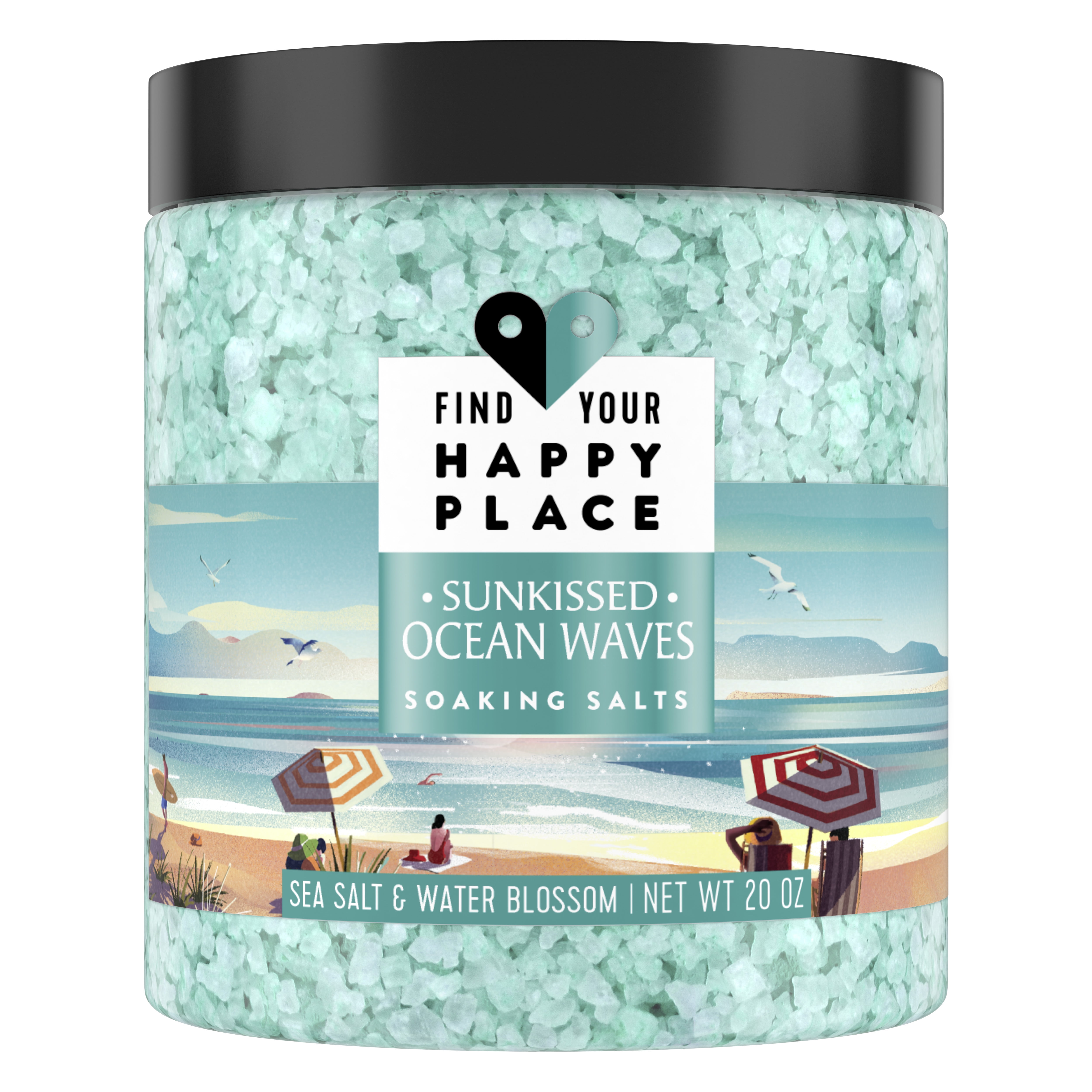 Find Your Happy Place Soaking Bath Salts Sunkissed Ocean Waves Sea Salt and Water Blossom 20 oz