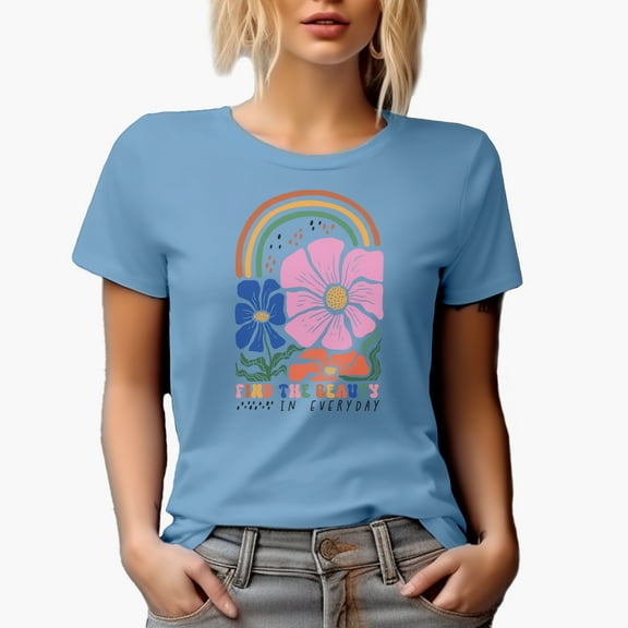 Find the Beauty in Every Day, Boho Rainbow & Flowers Art Merch Gift, Baby Blue T-Shirt, XL
