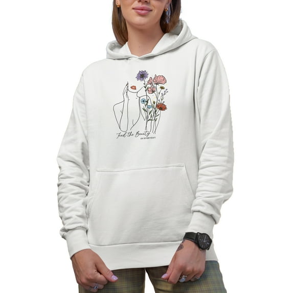 Find the Beauty in Everyday Quote with Hand Drawn Woman & Flowers Art Merch Gift, White Hooded Sweatshirt or Hoodie, Small