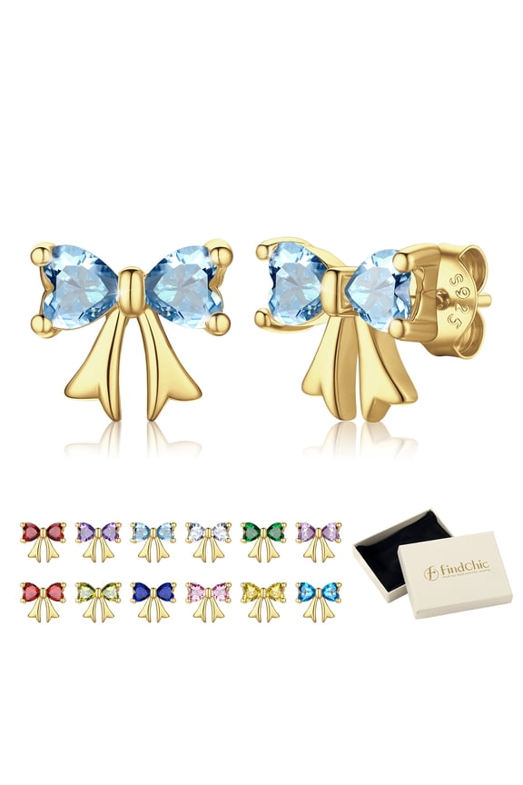 14K Gold Plated Bow Earrings for Women with Hypoallergenic S925 Ear Post, Love Heart CZ March Birthstone Earring Studs Birthday Christmas Jewelry Gifts for Mom Wife