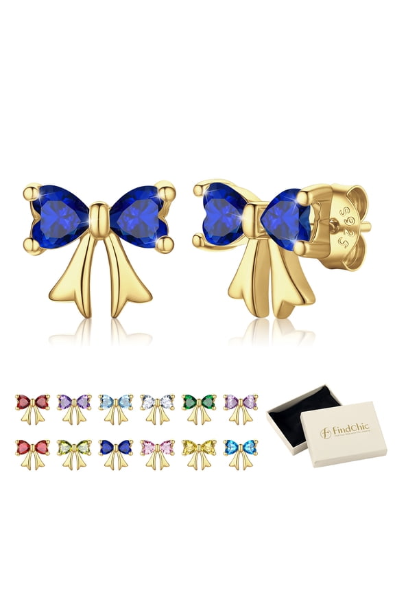 14K Gold Plated Bow Earrings for Women with Hypoallergenic S925 Ear Post, Love Heart CZ September Birthstone Earring Studs Birthday Mothers Day Jewelry Gifts for Mom Wife
