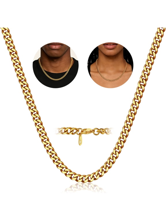 14K Gold Plated Chain for Men Women Necklace Stainless Steel Hip Hop Cuban Link Graduation Fathers Day Jewelry Gifts Him Boyfriend Husband Adults Male Son Age Ideas, 7mm/18inch