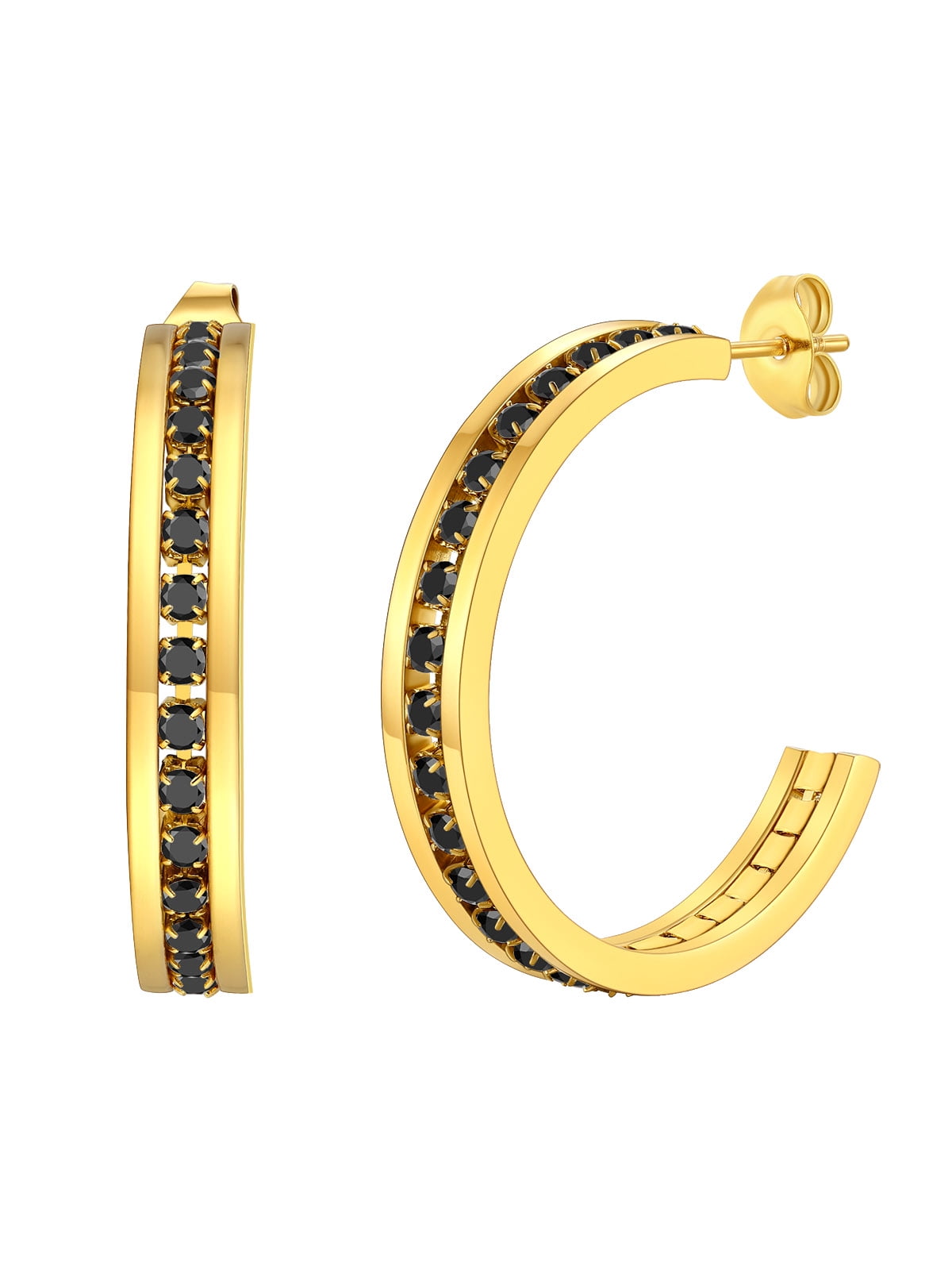 FindChic 14K Gold Plated Hoop Earrings for Women Stainless Steel Hoops with Black Cubic Zirconia Inlaid Birthday Mothers Day Jewelry Gifts Her Mom Wife, 30mm