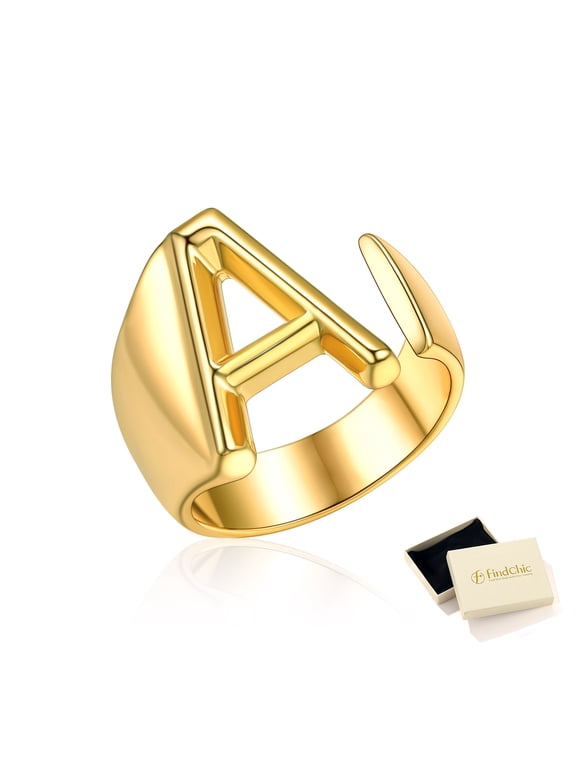 14K Gold Plated Initial Rings for Women, Personalized Letter A Ring Adjustable Open Statement Jewelry Stacking Ring Christmas Birthday Gifts for Wife Girlfriend