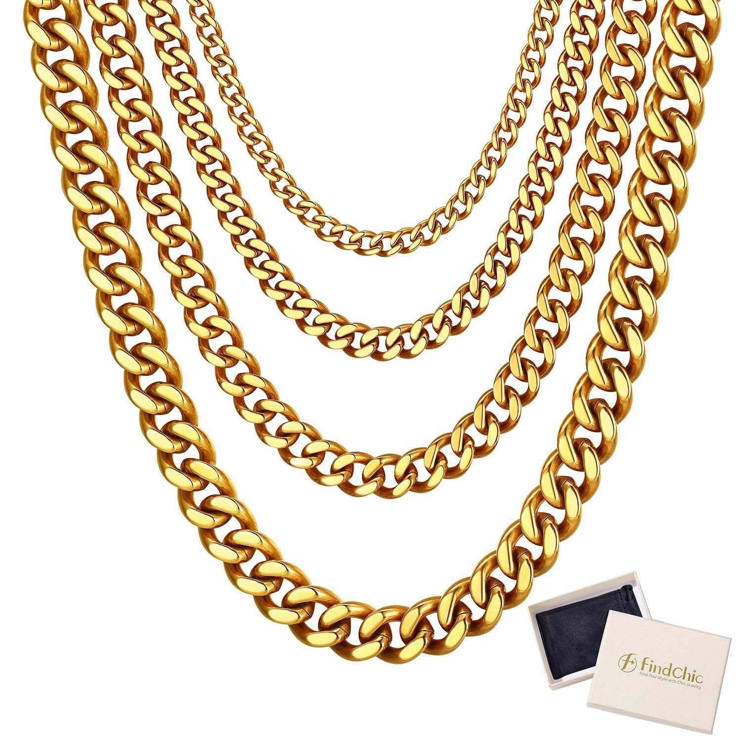 FindChic 14K Gold Plated Necklace for Men Choker Cuban Link Chain Stainless Steel Jewelry Necklace Gifts for Dad Boyfriend Birthday Father's Day, 12MM/14-30Inch