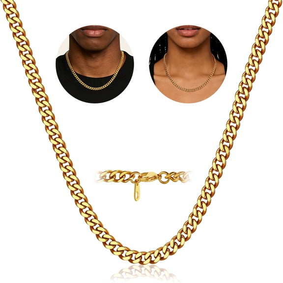 FindChic 14K Gold Plated Chain for Men Women Necklace Stainless Steel Hip Hop Cuban Link Valentines Day Jewelry Gifts Him Boyfriend Husband Adults Male Son Age Ideas, 7mm/18inch