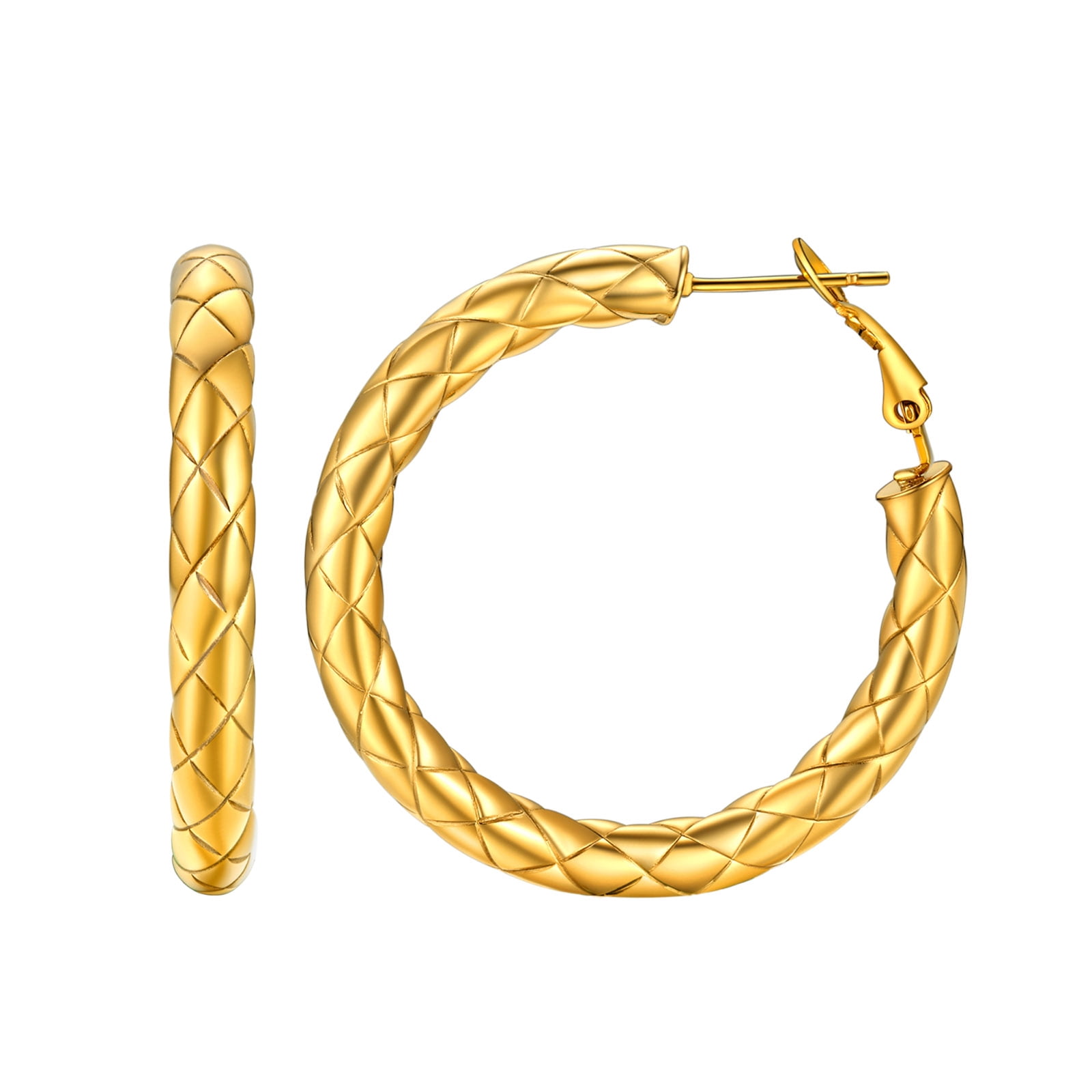 Barzel 18k Gold Plated Bamboo Hoop Earrings - 40mm, Latch Back, Made In Brazil, Gift Box Included