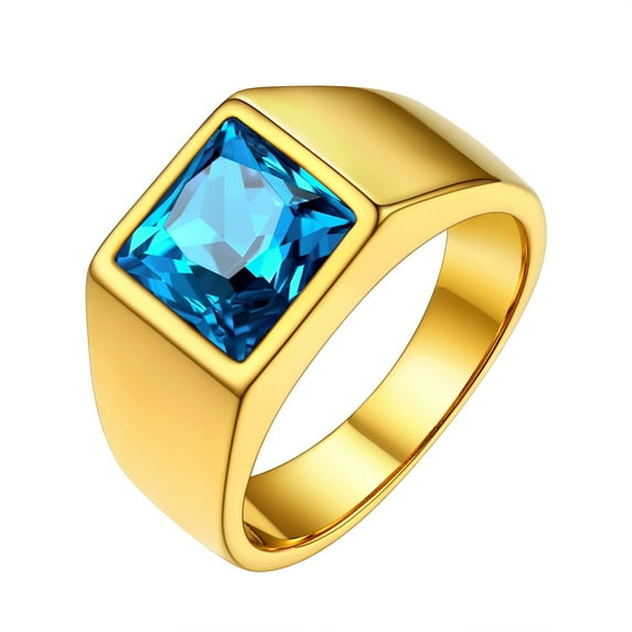 FindChic Mens 14K Gold Plated Signet Rings Blue Gemstone Thumb Statement Ring for Him Husband Birthday Christmas Jewelry Gift Size 7-14(Box)