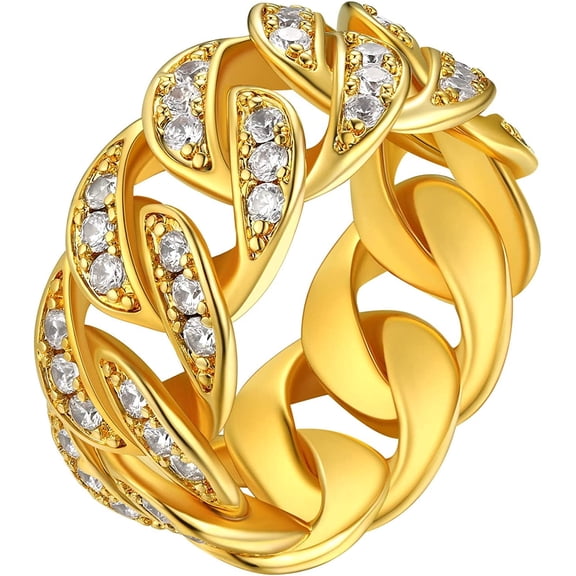 FindChic 18K Gold Plated Ring Link Chain Band Ring for Men Women Size 7 to 14 Cubic Zirconia Rings Bling Jewelry, with Gift Box