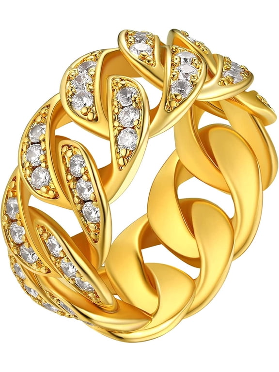 18K Gold Plated Ring Link Chain Band Ring for Men Women Size 7 to 14 Cubic Zirconia Rings Bling Jewelry, with Gift Box