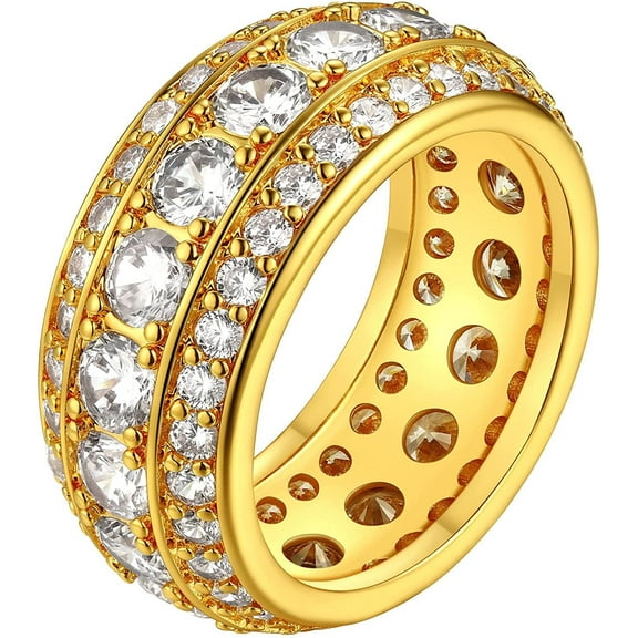 FindChic 18K Gold Plated Ring Thick 3 Row Band for Men Women Size 7 to 14 Cubic Zirconia Rings Bling Jewelry, with Gift Box
