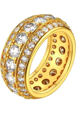 18K Gold Plated Ring Thick 3 Row Band for Men Women Size 7 to 14 Cubic Zirconia Rings Bling Jewelry, with Gift Box
