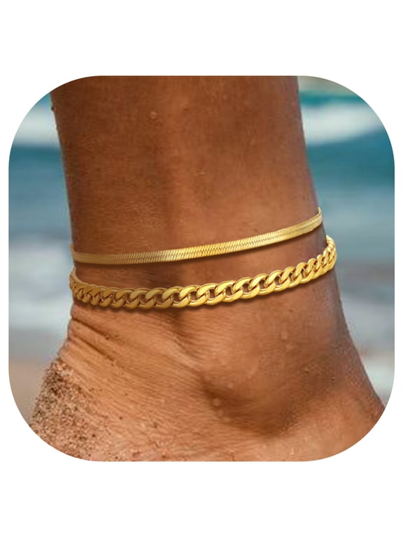 2pcs Ankle Bracelets for Women, Gold Plated Anklet Sets Waterproof Herringbone Chain Cuban Link Summer Foot Jewelry Christmas Birthday Gifts for Her/Mom/Wife