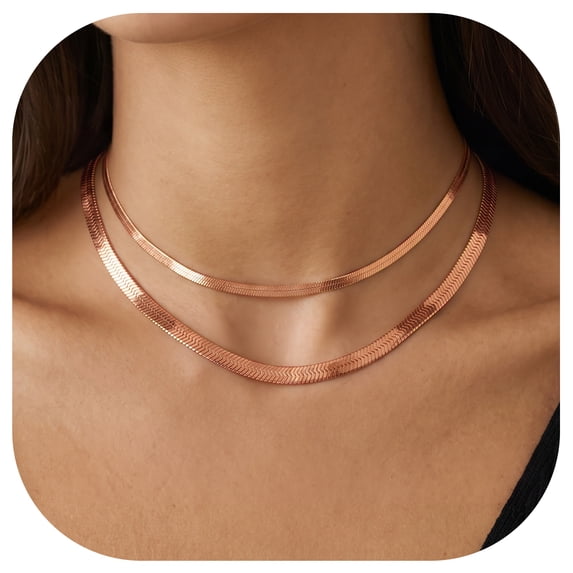 FindChic 2pcs Rose Gold Plated Necklaces for Women Layered Herringbone Choker Snake Chain Birthday Christmas Stocking Stuffer Jewelry Gifts Her Mom Wife Female Adults Age Ideas, 3mm & 5mm