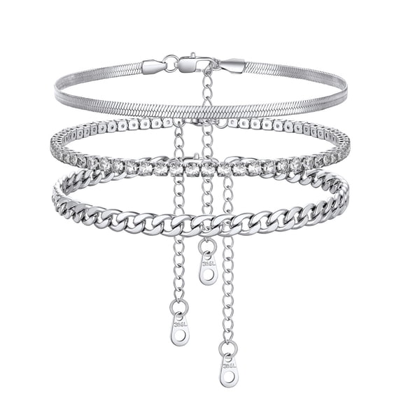 FindChic 3pcs Layered Anklets for Women Stainless Steel Herringbone Chain Cuban Link Tennis Ankle Bracelet Set Adjustable Foot Chain Waterproof Summer Beach Jewelry Gifts for Mom Daughter