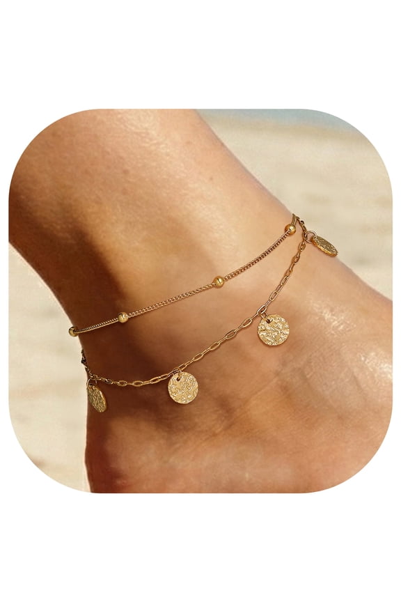 Ankle Bracelets for Women Waterproof Gold Plated Layered Stainless Steel Anklets Adjustable Summer Beach Jewelry Birthday Mothers Day Gifts for Her/Mom/Wife, 8.5-10.5inch