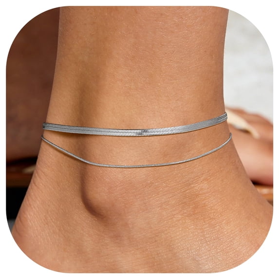 FindChic Anklets for Women Silverd Layered Ankle Bracelets Non-Tarnish Stainless Steel Adjustable Waterproof Flat Snake Foot Chain, Summer Beach Jewelry Gifts for Mothers Day/Graduation