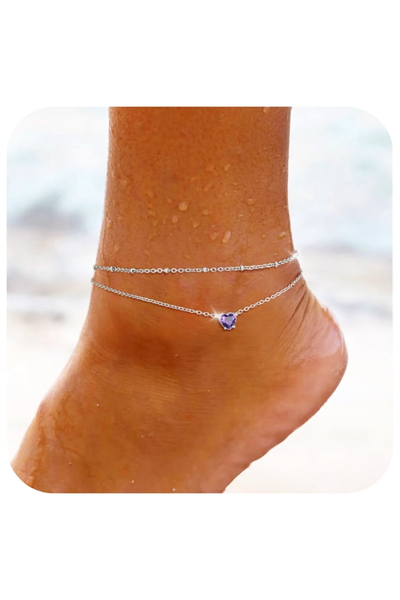 Anklets for Women Waterproof, Bling Heart Created Amethyst Birthstone Ankle Bracelets Stainless Steel Layered Beaded Foot Chain Summer Jewelry for Birthday Christmas with Gift Box