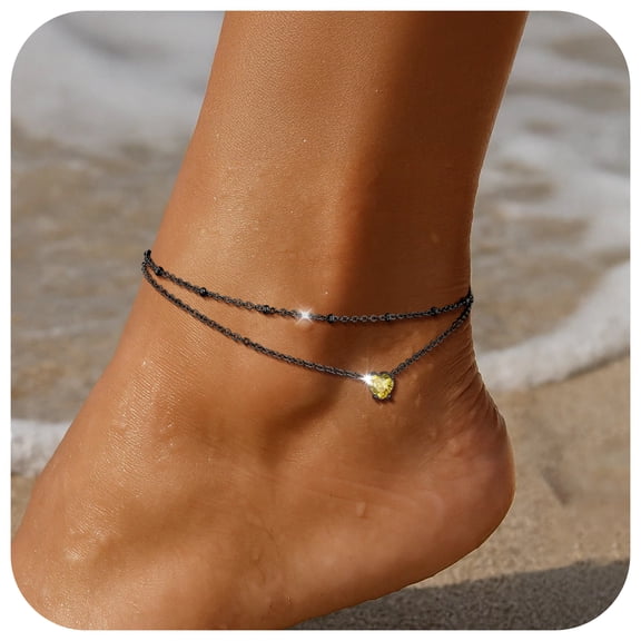 FindChic Anklets for Women Waterproof, Bling Heart Created Citrine Birthstone Ankle Bracelets Black Stainless Steel Layered Beaded Foot Chain Summer Jewelry for Birthday Christmas with Gift Box