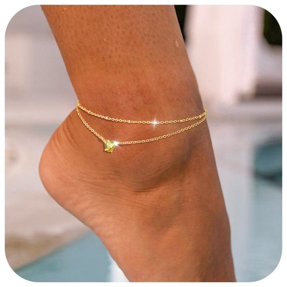 FindChic Anklets for Women Waterproof, Bling Heart Citrine Birthstone Ankle Bracelets Gold Plated Stainless Steel Layered Beaded Foot Chain Summer Jewelry for Birthday Valentines Day with Gift Box