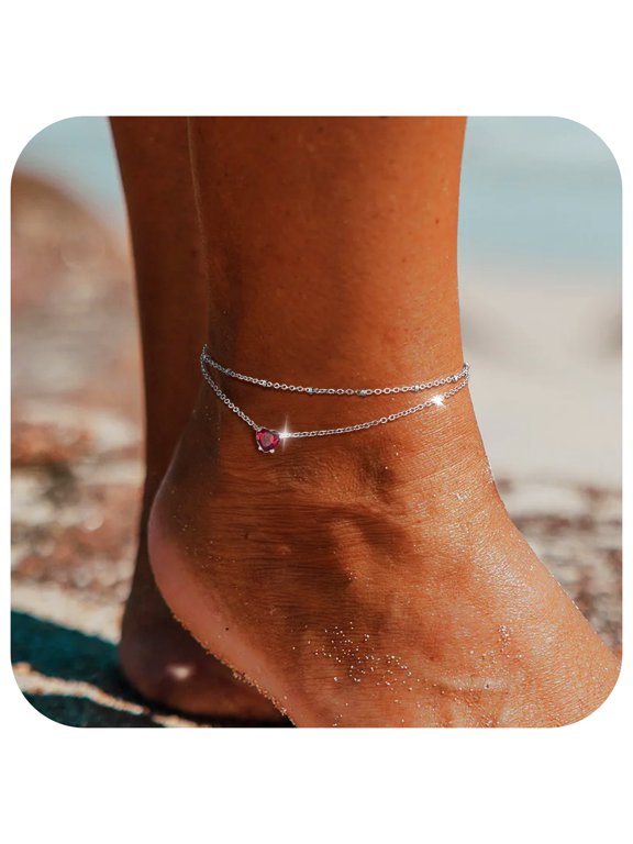Anklets for Women Waterproof, Bling Heart Created Ruby Birthstone Ankle Bracelets Stainless Steel Layered Beaded Foot Chain Summer Jewelry for Birthday Christmas with Gift Box