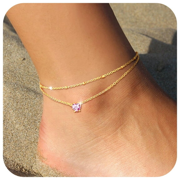 FindChic Anklets for Women Waterproof, Bling Heart Tourmaline Birthstone Ankle Bracelets Gold Plated Stainless Steel Layered Beaded Foot Chain Summer Jewelry for Birthday Valentines Day with Gift Box