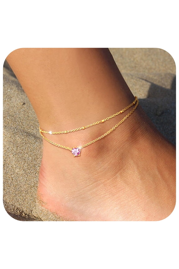 Anklets for Women Waterproof, Bling Heart Tourmaline Birthstone Ankle Bracelets Gold Plated Stainless Steel Layered Beaded Foot Chain Summer Jewelry for Birthday Valentines Day with Gift Box