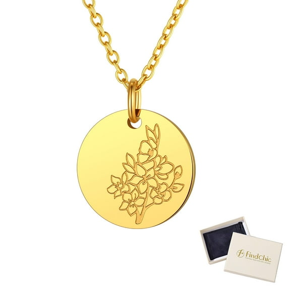 FindChic Birth Flower Necklaces for Women 14K Gold Plated Stainless Steel Guardian Month Floral Cherry Biossom Pendant Necklace for Her Birthday Christmas Jewelry with Gift Box