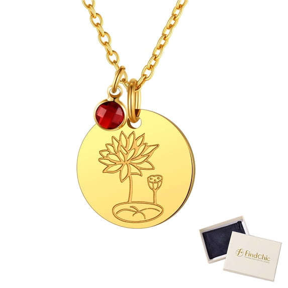 FindChic Birth Flower Necklaces for Women with Birthstone Gold Plated Stainless Steel Jan. to Dec. Guardian Month Floral Lotus Pendant Necklace Jewelry Gift for Her Birthday Christmas (Box)