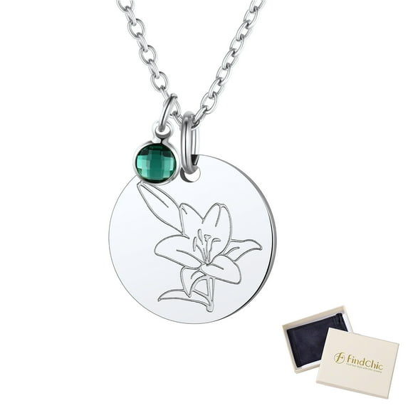 FindChic Birth Flower Necklaces for Women with Birthstone Stainless Steel Jan. to Dec. Guardian Month Floral Lily Pendant Necklace Jewelry Gift for Her Birthday Christmas (Box)