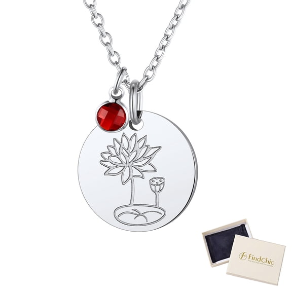 FindChic Birth Flower Necklaces for Women with Birthstone Stainless Steel Jan. to Dec. Guardian Month Floral Lotus Pendant Necklace Jewelry Gift for Her Birthday Christmas (Box)