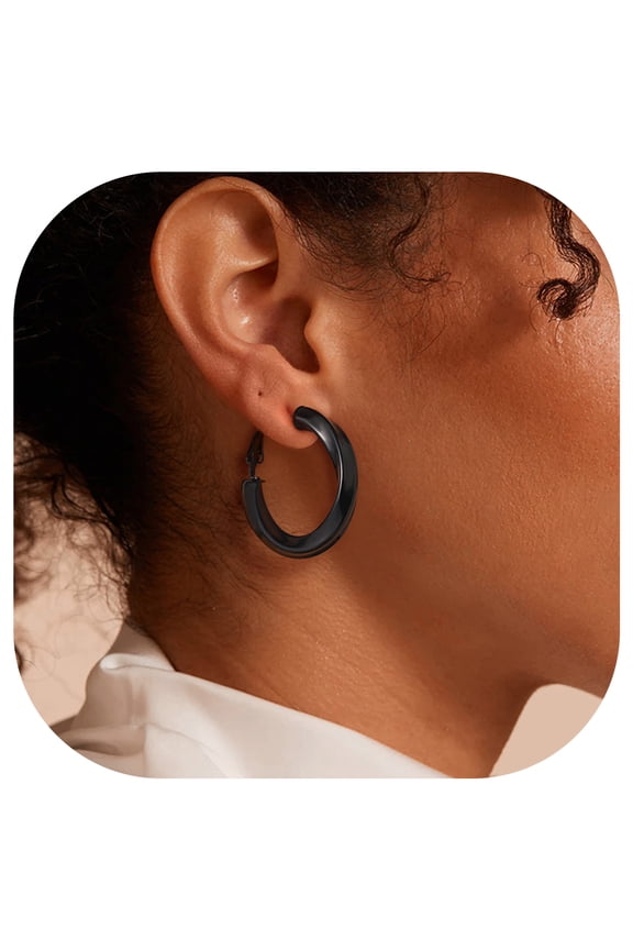 Hoop Earrings for Women Stainless Steel Twisted Hoops Black Hollow Loop Earrings Birthday Mothers Day Jewelry Gifts Her Mom Wife Adults Ideas, 30mm