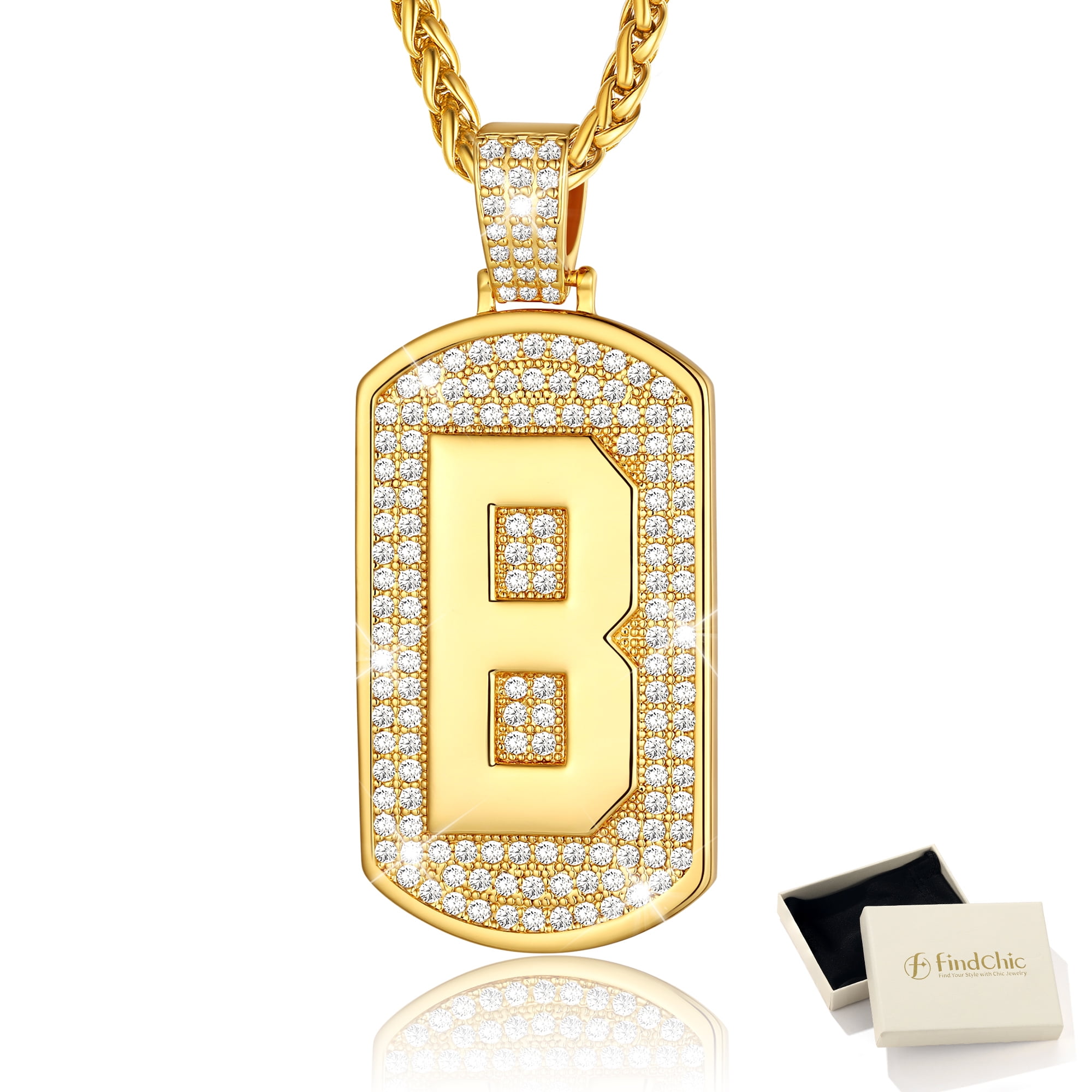 FindChic Gold Plated Dog Tag Pendant Necklaces for Men Women, Platinum Plated Cubic Zirconia Letter B Birthday Anniversary Jewelry Gifts for Husband Dad