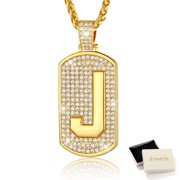 FindChic 14K Gold Plated Necklaces for Men Women Cubic Zirconia Dog Tag Letter J Pendant Birthday Anniversary Jewelry Gifts for BF Husband