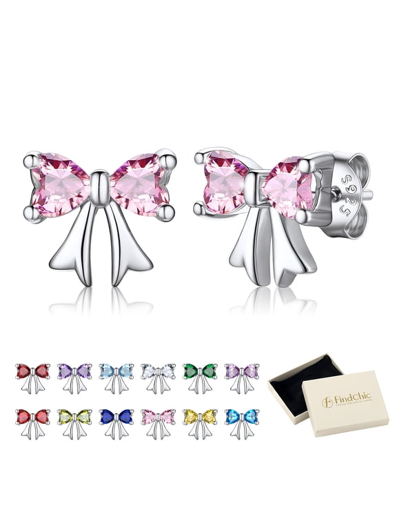 Bow Earrings for Women Dainty Love Heart CZ Birthstone Stud Earring with Hypoallergenic S925 Ear Post October Birthday Mothers Day Jewelry Gifts for Mom/Her