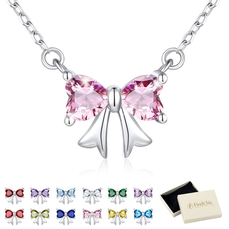 FindChic Bow Necklace for Women, Synthetic Pink Tourmaline Birthstone Necklaces Bow Heart Cubic Zirconia Pendant Birthday Mothers Day Jewelry Gifts Her Wife Lady Adults Ideas