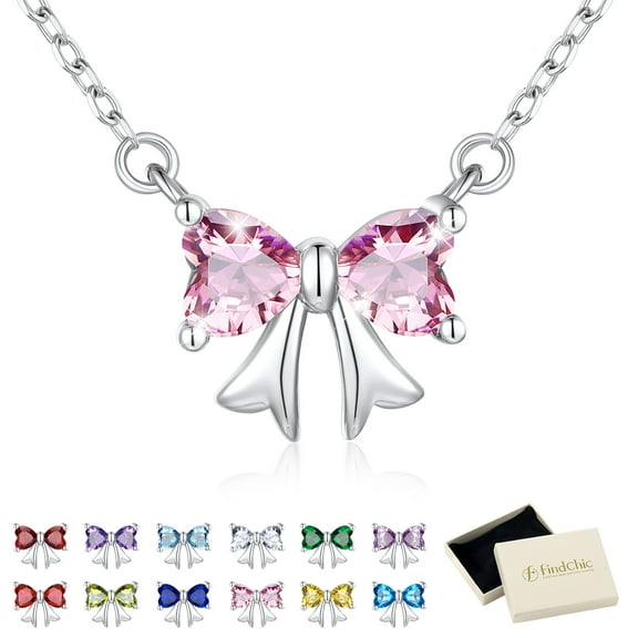 FindChic Bow Necklace for Women, Synthetic Pink Tourmaline Birthstone Necklaces Bow Heart Cubic Zirconia Pendant Jewelry Gifts for Anniversary Birthday