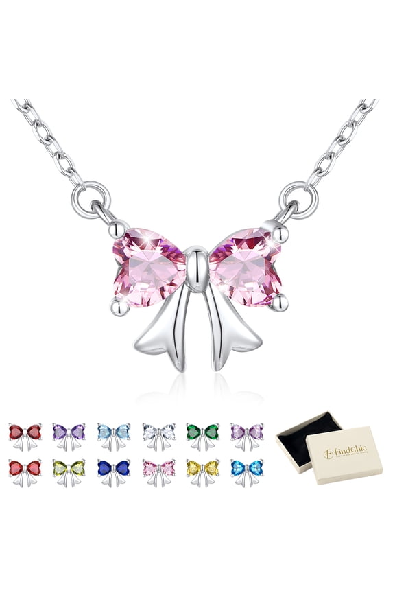 Bow Necklace for Women, Synthetic Pink Tourmaline Birthstone Necklaces Bow Heart Cubic Zirconia Pendant Birthday Mothers Day Jewelry Gifts Her Wife Lady Adults Ideas