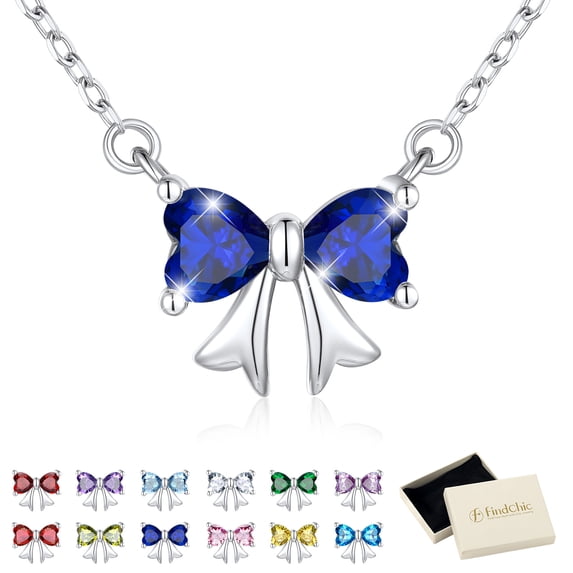 FindChic Bow Necklace for Women, Synthetic Sapphire Birthstone Necklaces Bow Heart Cubic Zirconia Pendant Birthday Mothers Day Jewelry Gifts Her Wife Lady Adults Ideas