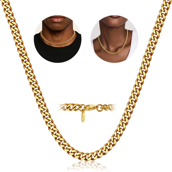 FindChic 14K Gold Plated Chain for Men Women Necklace Stainless Steel Hip Hop Cuban Link Valentines Day Jewelry Gifts Him Boyfriend Husband Adults Male Son Age Ideas, 7mm/14inch