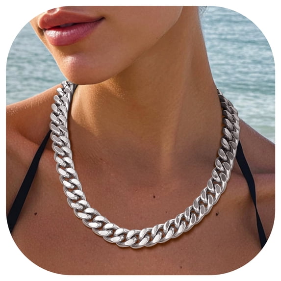 FindChic Chunky Silver Chains for Women Men 12mm Stainless Steel Cuban Link Necklace Birthday Graduation Fathers Day Jewelry Gifts Dad Husband Boyfriend Him, 18inch